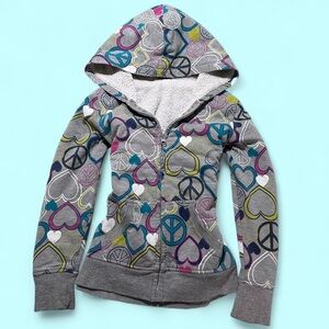 Grey kids hoodie with multi-colored hearts and peace signs